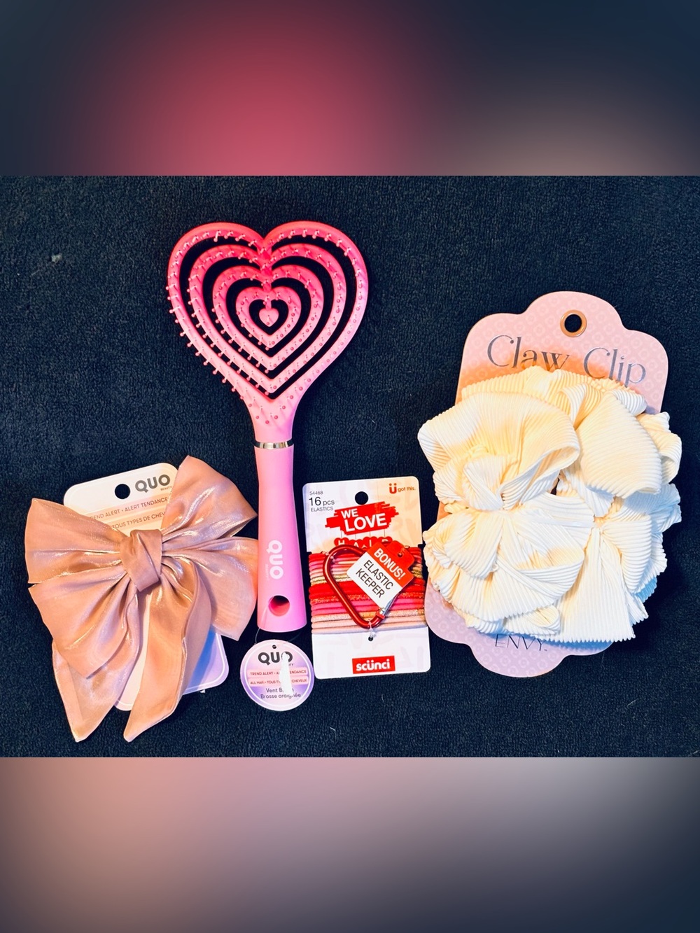 Set of Heart Shaped Brush, Elastics with Heart Holder, Claw Clip & Bow
